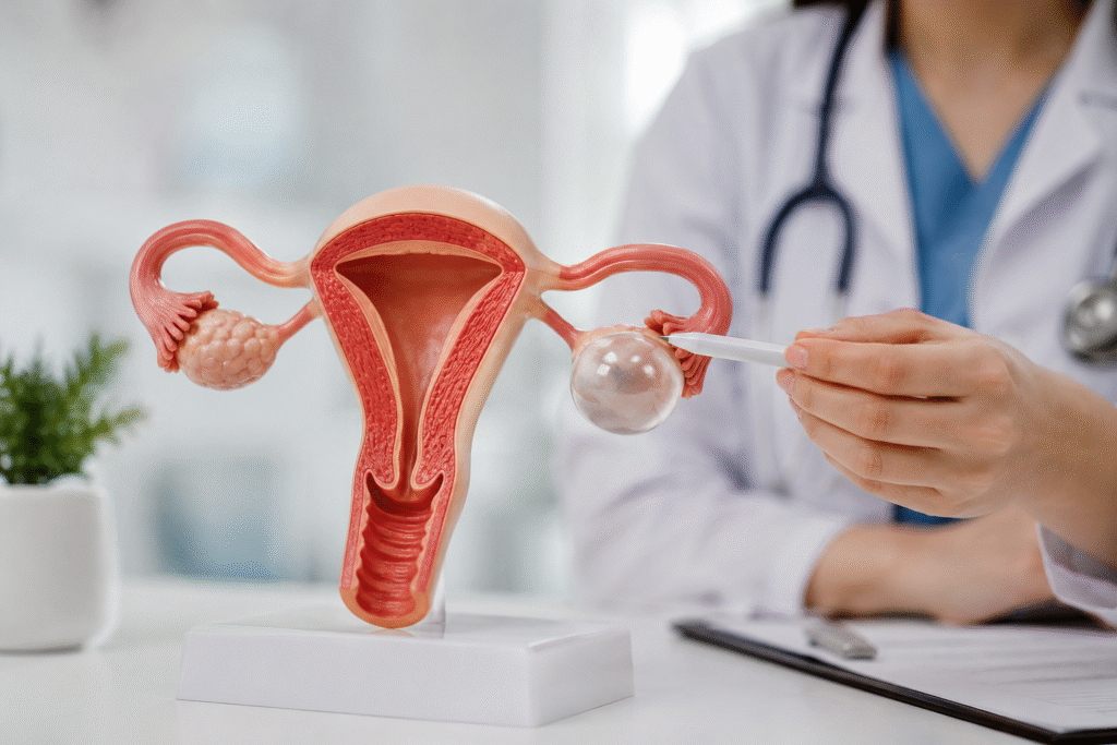 A doctor explaining an ovarian cyst using a female reproductive system model.