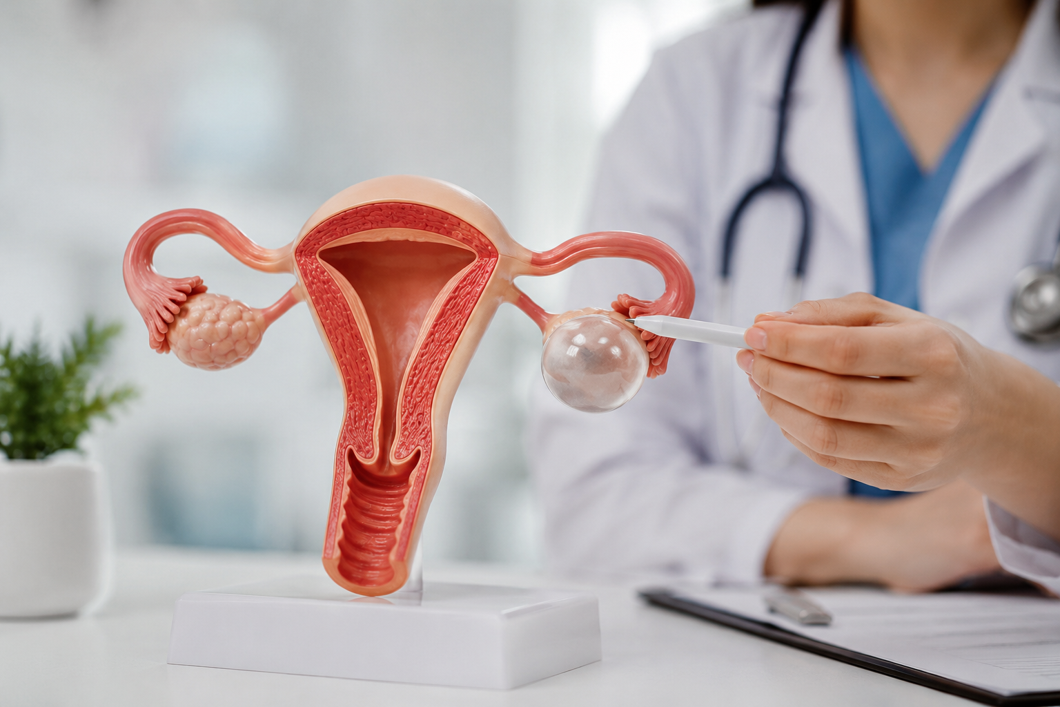 A doctor explaining an ovarian cyst using a female reproductive system model.