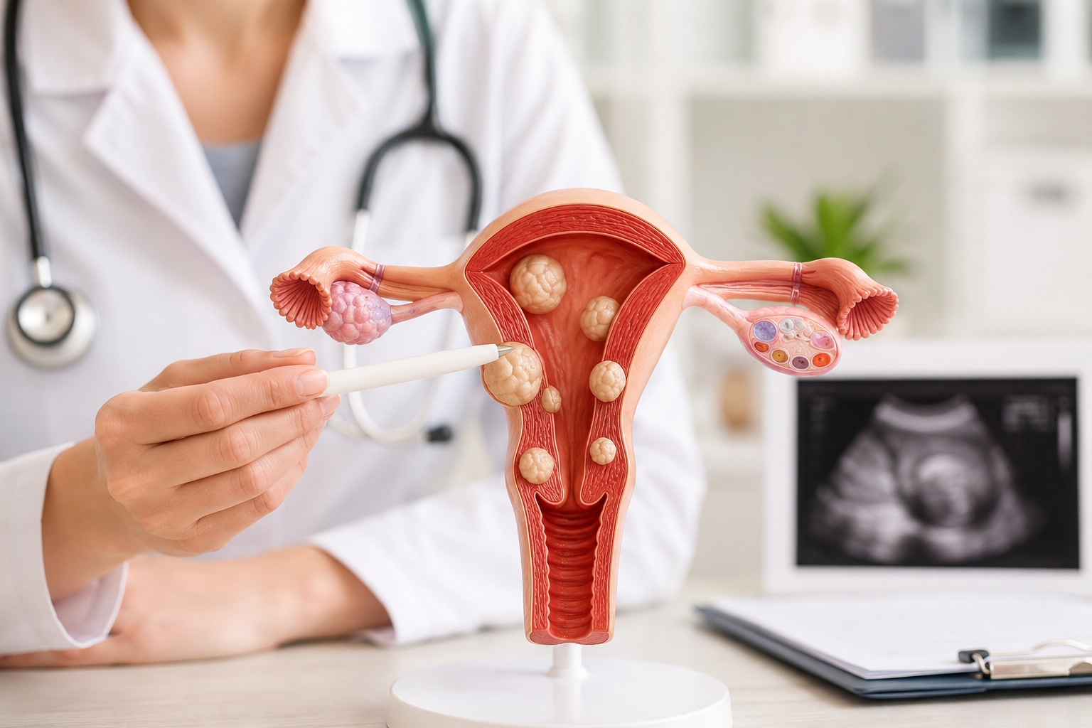 Medical professional pointing at a detailed anatomical model of the uterus showing multiple fibroids, with a blurred ultrasound and desk in the background.