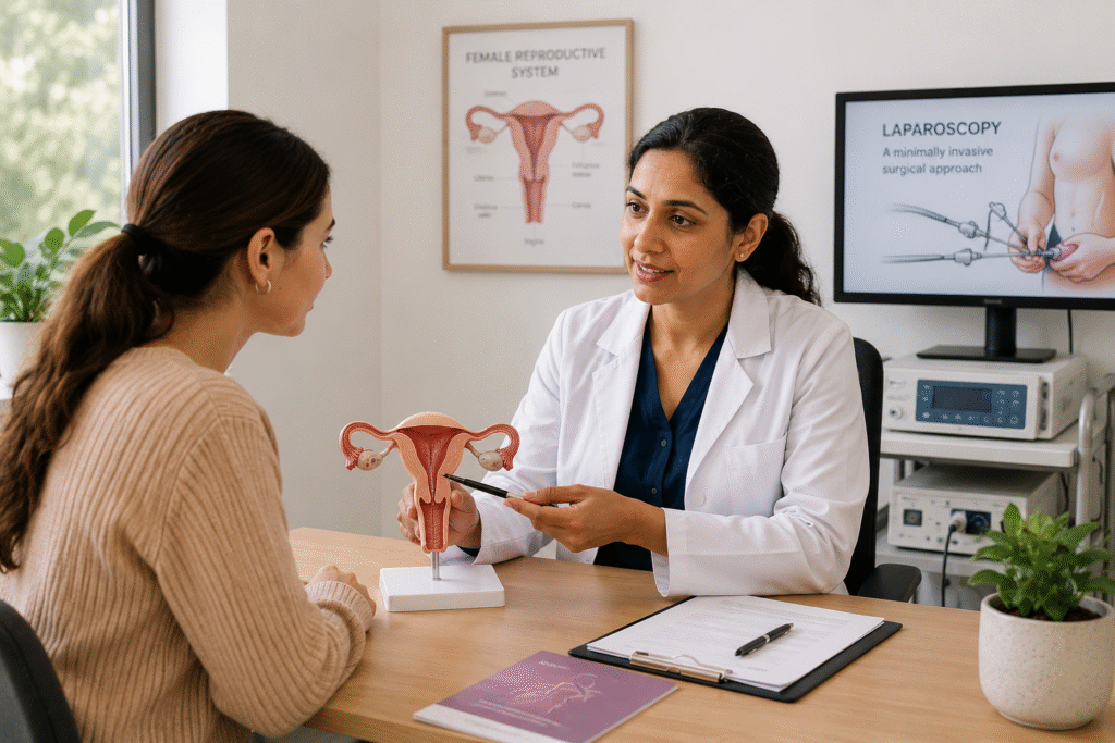 Gynaecologist explaining gynaecological laparoscopy to a patient using a uterus model in a modern clinic.