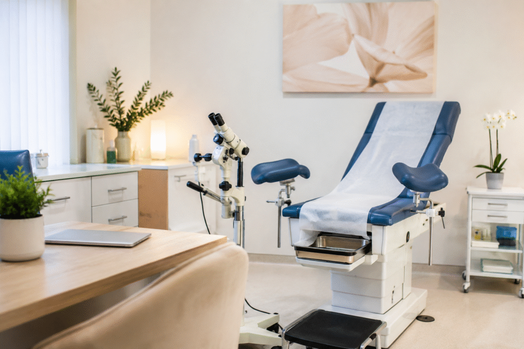 A professional consultation room with colposcopy equipment in the background.
