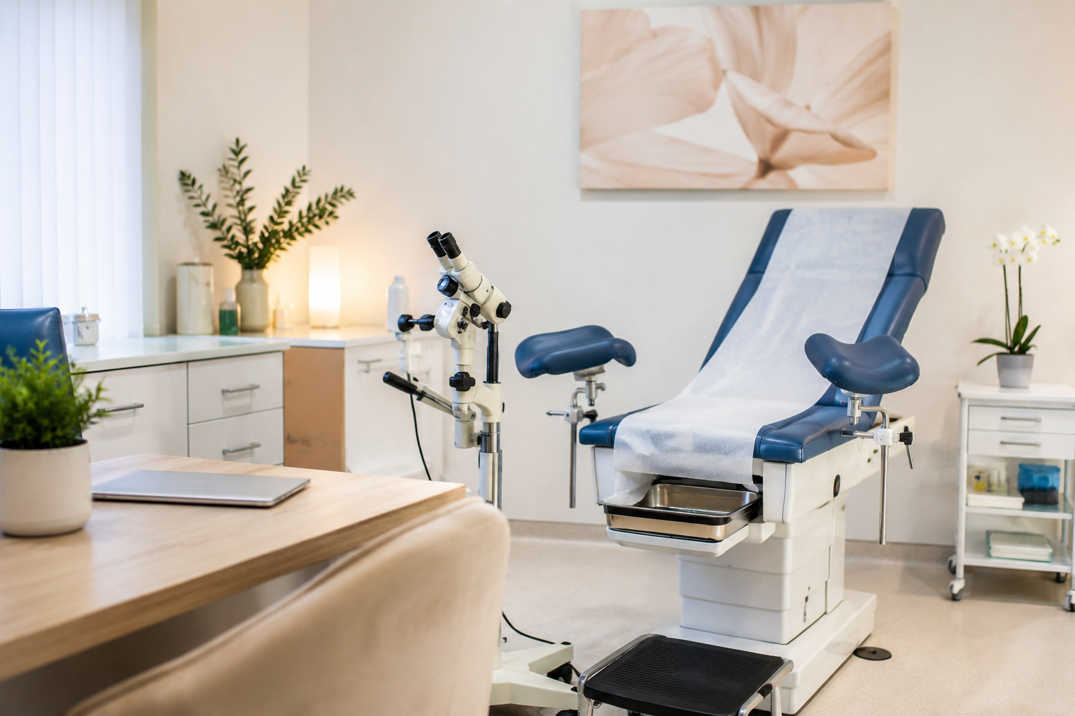 A professional consultation room with colposcopy equipment in the background.