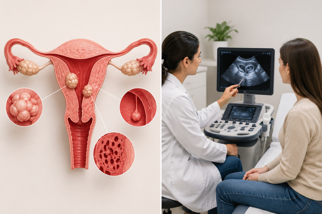 Gynaecologist explaining pelvic ultrasound findings during an abnormal uterine bleeding assessment.