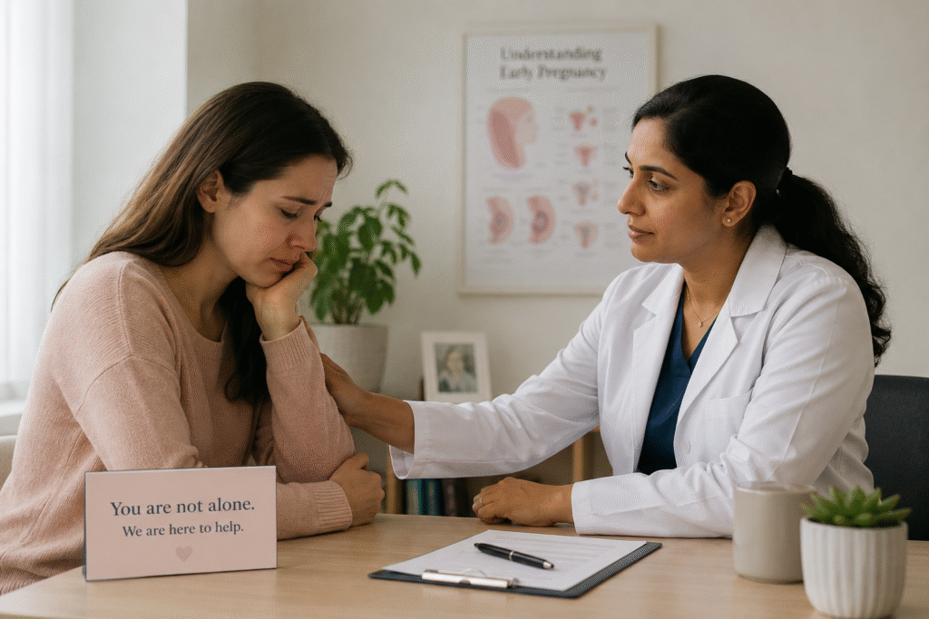 Woman discussing recurrent miscarriage concerns with a gynaecologist during a supportive medical consultation.