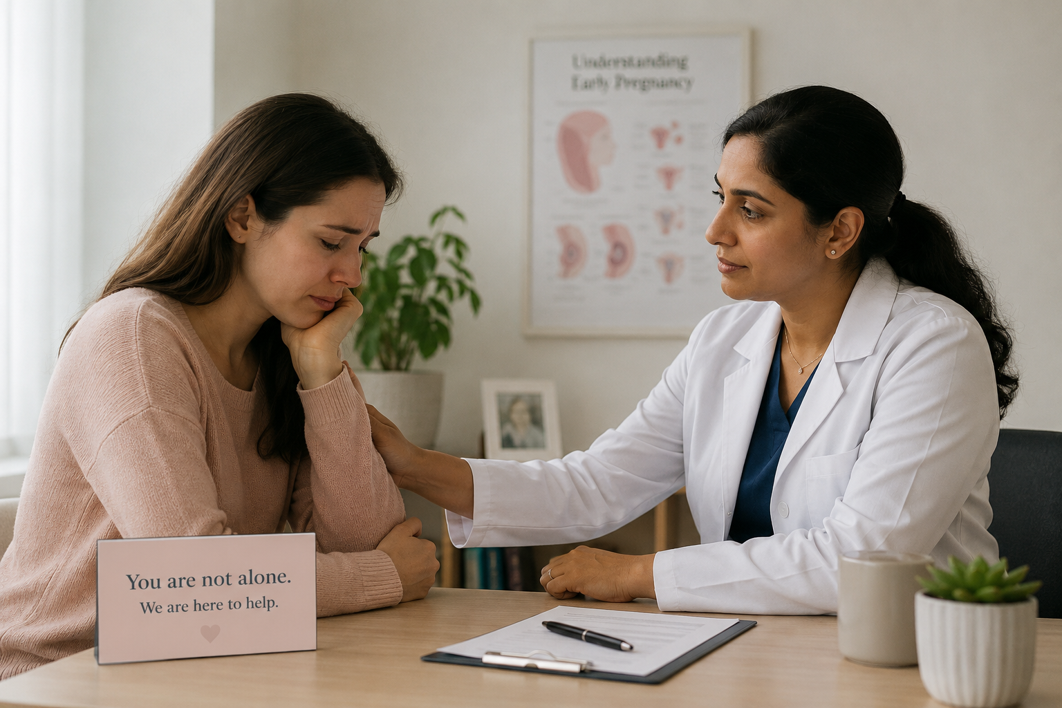 Woman discussing recurrent miscarriage concerns with a gynaecologist during a supportive medical consultation.