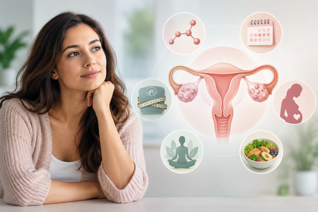 Illustration of PCOS showing the uterus and ovaries alongside symbols for hormones, menstrual cycles, fertility, nutrition and well-being.