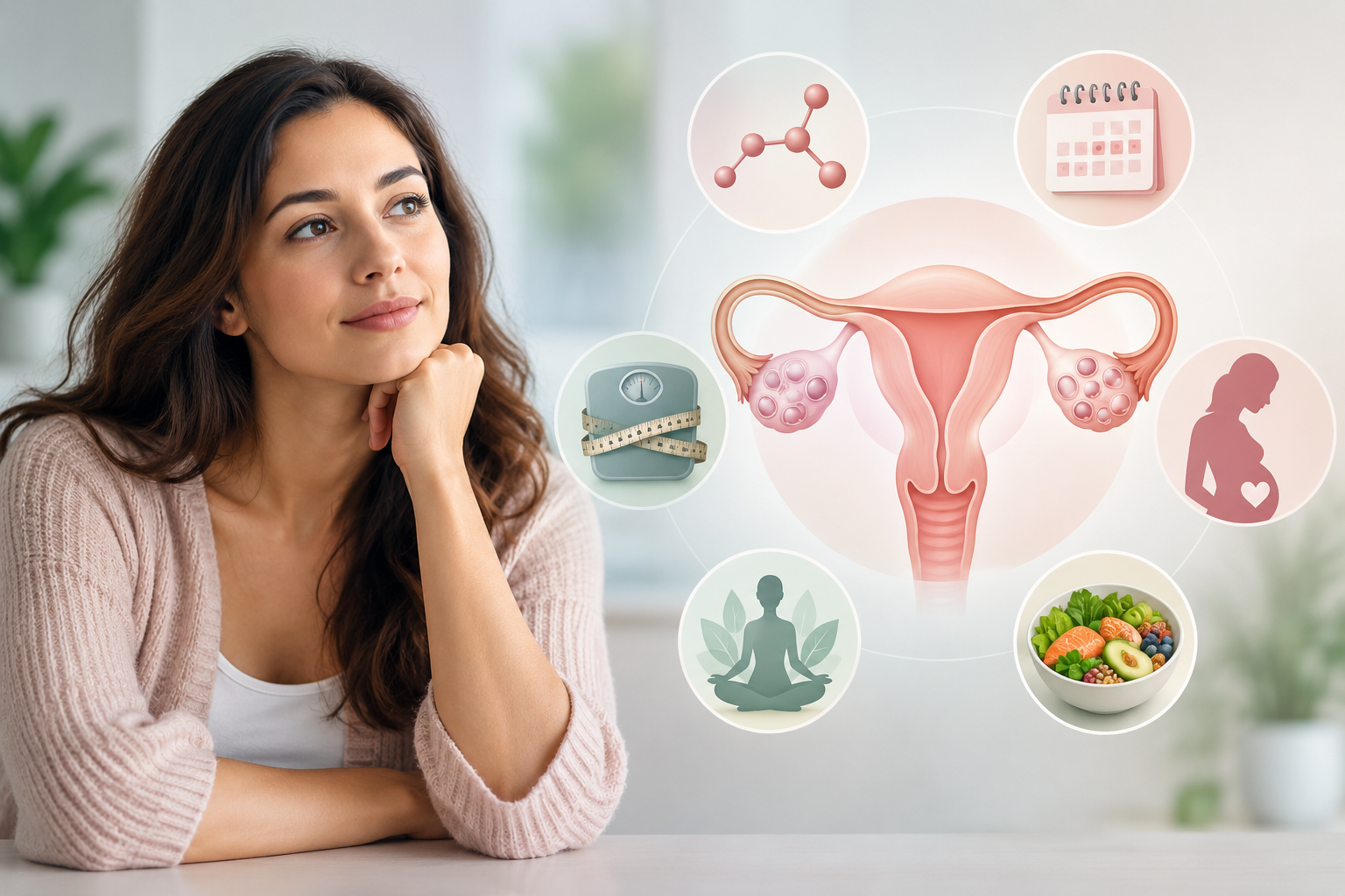 Illustration of PCOS showing the uterus and ovaries alongside symbols for hormones, menstrual cycles, fertility, nutrition and well-being.