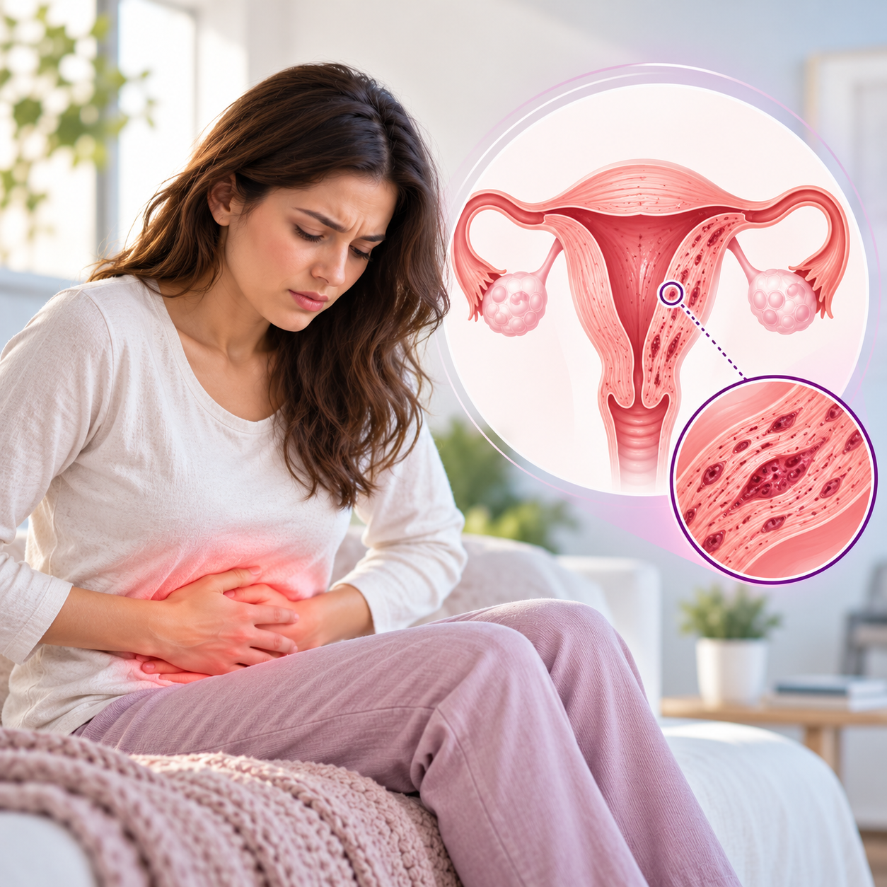 Woman experiencing lower abdominal pain, alongside a medical illustration of the uterus showing adenomyosis and endometrial-like tissue within the uterine muscle wall.