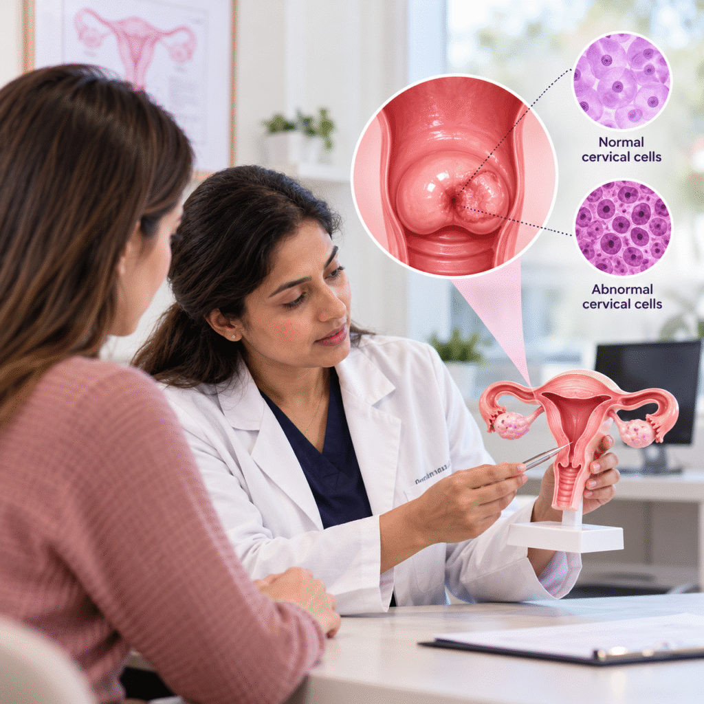 Gynaecologist explaining cervical cell changes and the LLETZ procedure to a patient using a uterus model, with illustrations of normal and abnormal cervical cells.