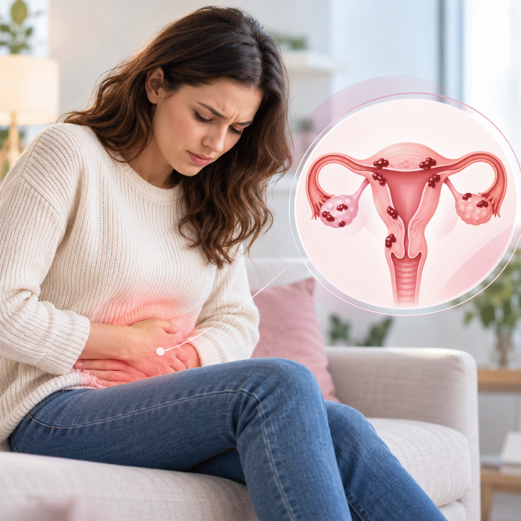Woman experiencing pelvic pain while seated on a sofa, alongside a medical illustration of the uterus and ovaries highlighting possible gynaecological causes of chronic pelvic pain.