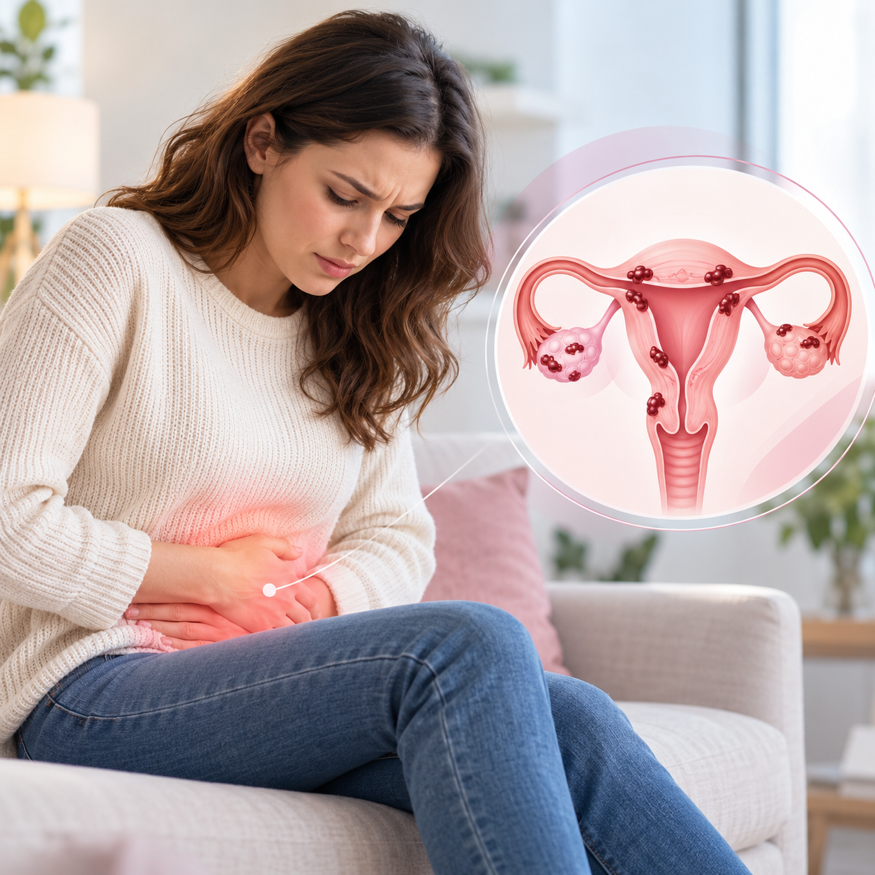 Woman experiencing pelvic pain while seated on a sofa, alongside a medical illustration of the uterus and ovaries highlighting possible gynaecological causes of chronic pelvic pain.